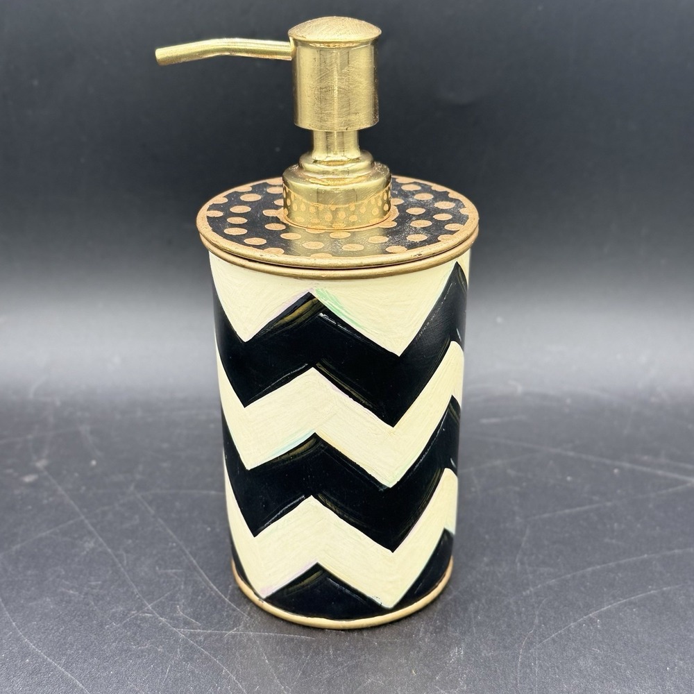 MACKENZIE-CHILDS Zig Zag Soap Pump Dispenser Toleware Black Cream Vintage RARE